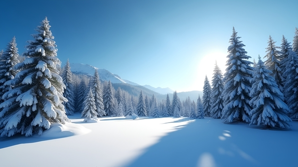 Snow-laden evergreen trees under a clear blue winter sky with soft sunlight casting gentle shadows on pristine white snow