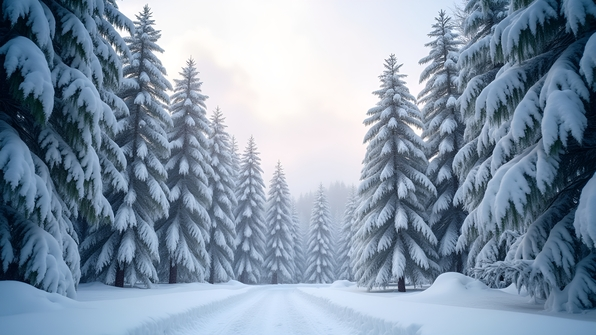 Snow-laden pine trees standing tall in a serene winter forest under a soft overcast sky