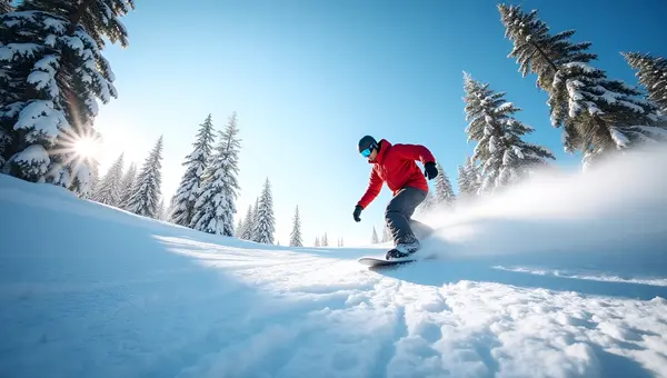Snowboarder Carving Fresh Powder On Sunny Mountain