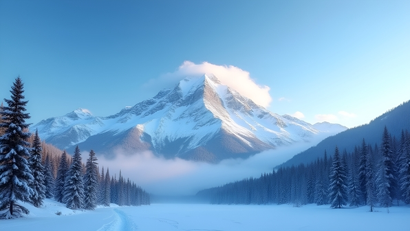 Snowy mountain peak blanketed in pristine white snow under a clear blue sky surrounded by evergreen forests