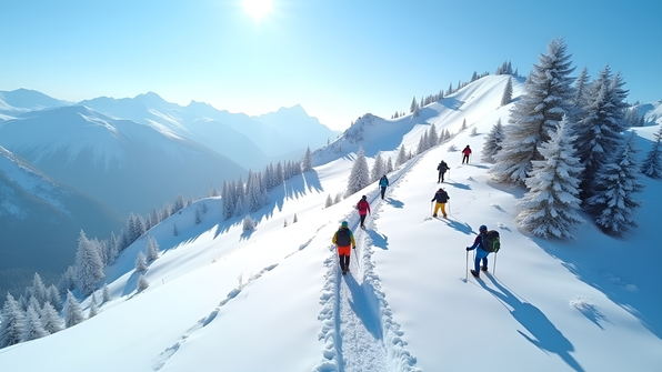 A diverse group of hikers trekking through pristine snowy mountain trails wearing colorful winter gear