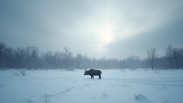 A solitary animal walking across a snowy landscape with leafless trees under a gray winter sky