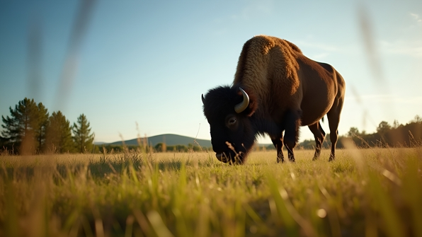 Solitary bison grazing peacefully in a sunlit grassy meadow under a clear blue sky with distant trees