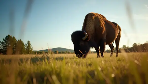 Solitary Bison Grazing in Sunny Meadow