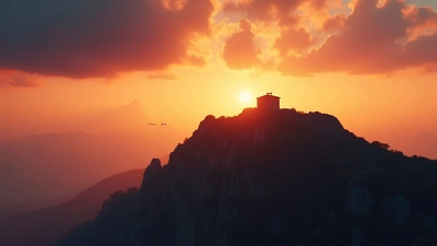 Solitary Building On Rugged Mountain At Sunset