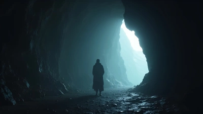 Solitary Figure in Shadowy Cave with Glowing Exit Light