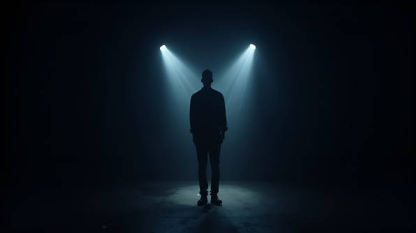 A solitary figure under a vivid spotlight casting dramatic shadows and highlighting their silhouette against a pitch-black background