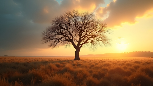 A solitary gray leafless tree bathed in warm golden hour sunlight under a softly glowing sky