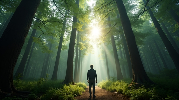 Rear view of a solitary individual standing amidst towering forest trees with sunlight filtering through dense green foliage above