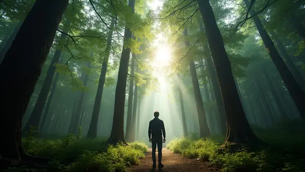 Solitary Individual in Towering Forest Trees
