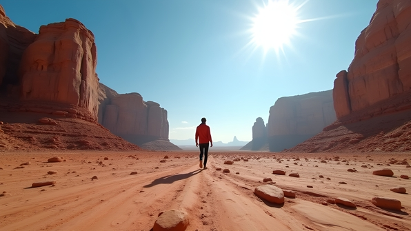 Solitary individual walking on rugged brown rock formations under bright daytime sunlight and clear blue skies