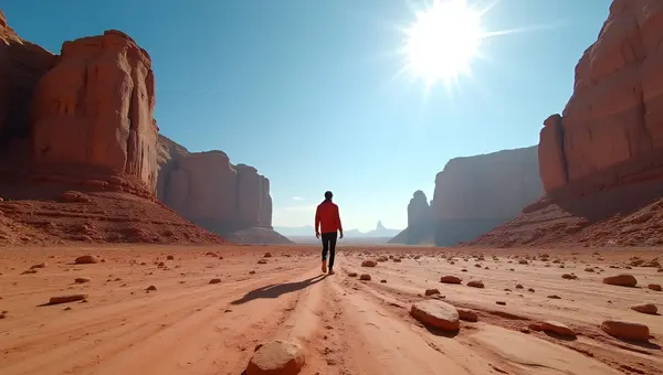 Solitary Individual Walking On Rugged Rocks