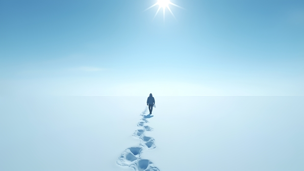 A solitary individual walking in a snowy landscape with footprints trailing behind under a clear blue sky