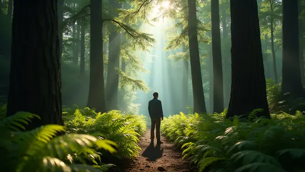 Solitary Man in Lush Green Forest Clearing