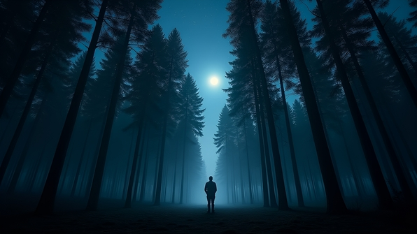 Solitary man standing quietly in a dense moonlit forest under a starry night sky