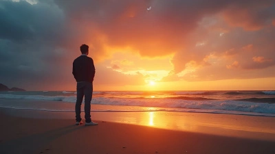 Solitary Man On Sandy Shore At Sunset