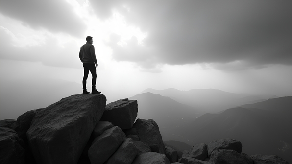 Grayscale photo of a solitary man standing confidently on a rugged rock formation under a dramatic cloudy sky