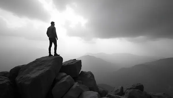 Solitary Man Standing On Rugged Rock Formation