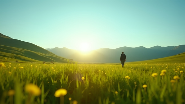 Solitary man walking through a sunlit green field under a clear blue sky with rolling hills