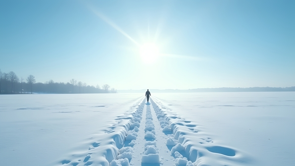 Solitary person crossing a vast snowy field under a clear blue daytime sky with soft sunlight and distant trees on the horizon