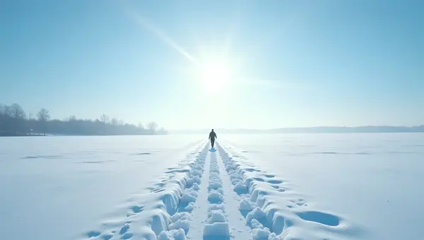 Solitary Person Crossing Snowy Field Under Blue Sky