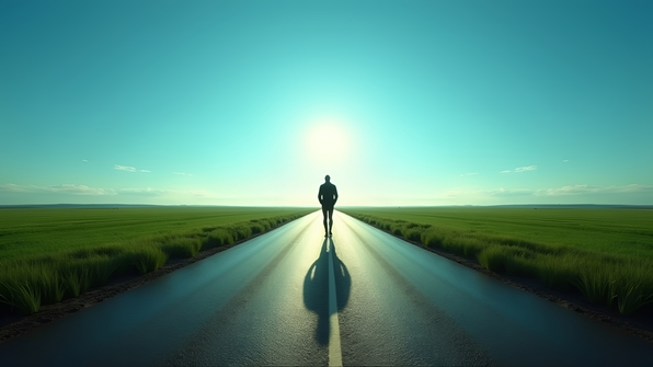 A solitary person standing on an empty rural road surrounded by green fields under a clear blue sky during daytime