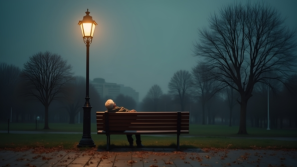 A solitary person reclining on a wooden bench beside a vintage lamppost under an overcast gray sky in a quiet urban park