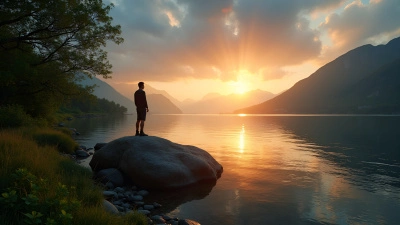 Solitary Person on Rock Beside Calm Lake at Sunset