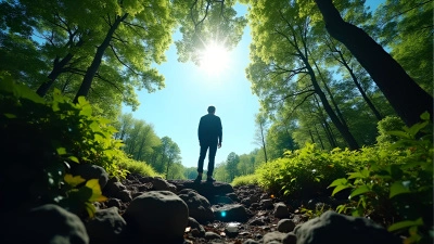 Solitary Person on Rugged Rock Overlooking Sunlit Forest