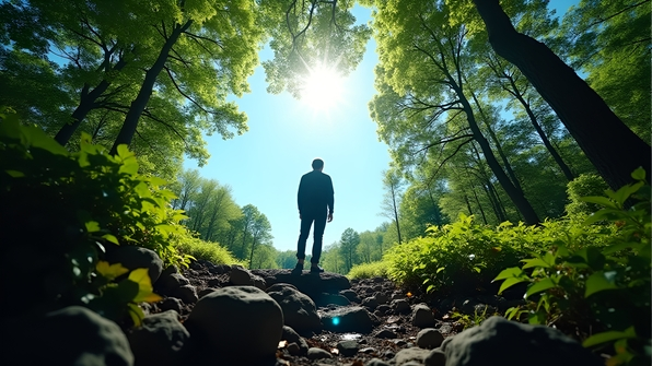 Solitary person on rugged rock gazing thoughtfully at dense sunlit forest with vibrant green leaves under clear blue sky