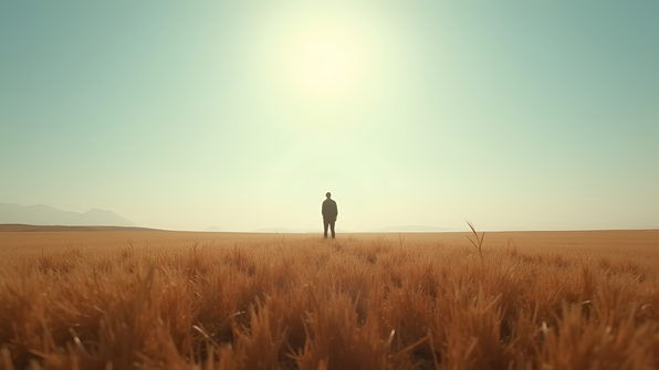 A solitary person stands on a vast brown field under a bright daytime sky with natural earthy tones