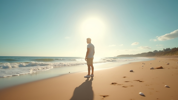 A solitary person on warm sandy beach under bright daytime sky with gentle waves and seashells