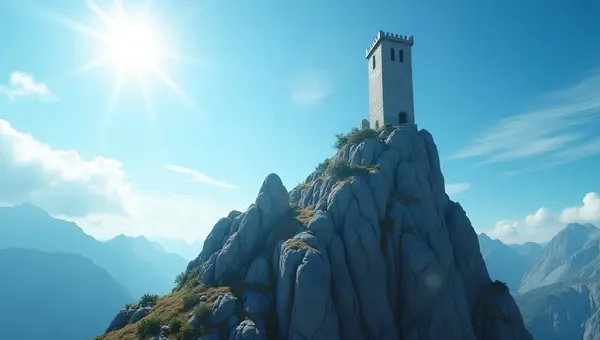 Solitary Stone Tower On Rugged Mountain