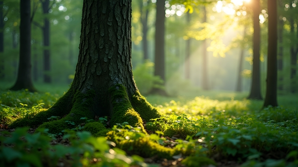 High-resolution photo of a solitary tree in dense forest greenery under natural light showing detailed bark texture and vibrant foliage