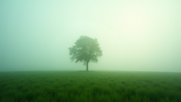 A solitary tree in a foggy green field under soft diffused daylight