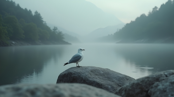 A solitary white bird perched on a smooth gray rock in a misty natural landscape under soft daylight