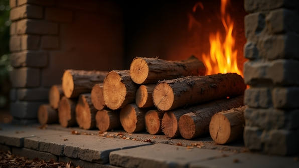 Stacked firewood logs neatly arranged outdoors showcasing natural wood textures and warm earthy tones