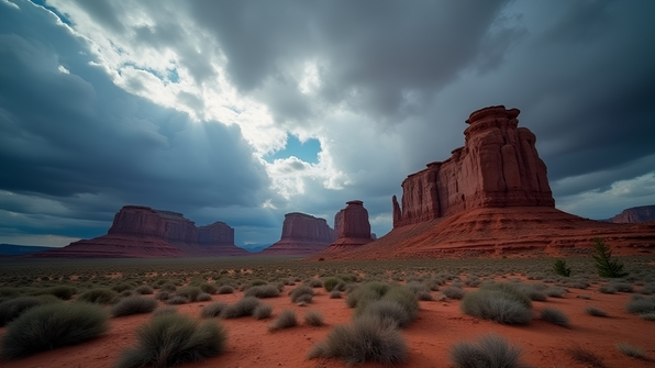 Dramatic stacked rock formations beneath a moody cloudy sky in a rugged natural landscape