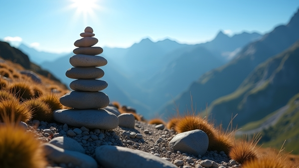Stacked stone cairns balanced on a rugged mountain trail surrounded by alpine vegetation and distant peaks under a bright blue sky