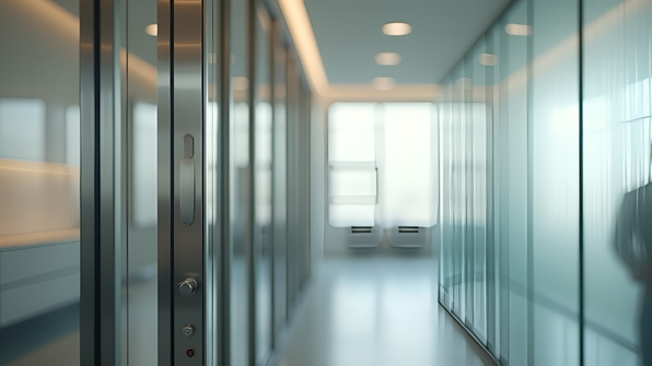 Modern stainless steel framed glass door featuring sleek metal handles and transparent panels in a bright, clean interior