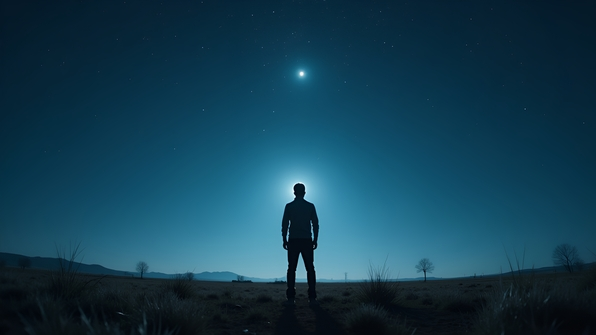A solitary man gazes thoughtfully at a star-filled night sky over an open landscape under soft moonlight