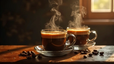 Steaming Coffee Glasses On Rustic Wooden Table