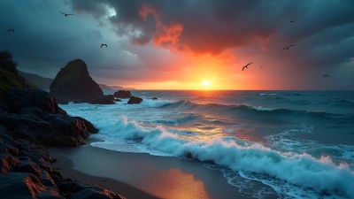 Stormy Seashore With Crashing Waves At Sunset