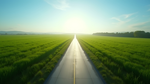 A straight concrete road cutting through a vast green grass field under a clear blue sky