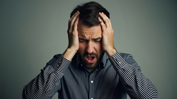 Stressed man in striped dress shirt holding his head with both hands against a neutral background