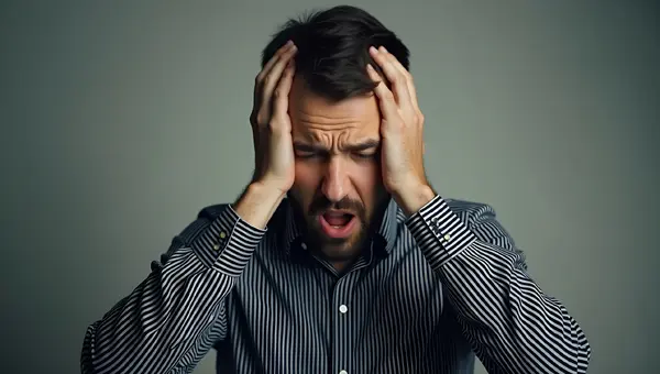 Stressed Man In Striped Dress Shirt Holding Head
