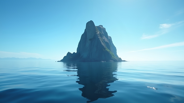 A striking rock formation rising dramatically from calm, reflective water under a clear blue sky with subtle clouds