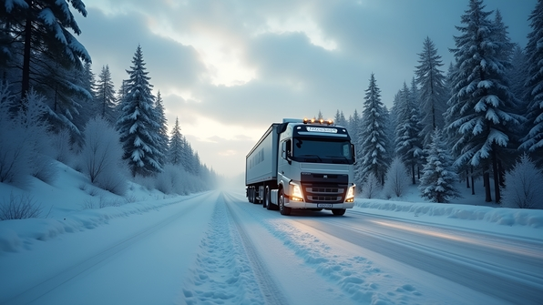 A sturdy truck driving on a snow-covered road surrounded by frosted trees under a cloudy winter sky