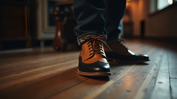 Close-up of stylish brown and black lace-up shoes on a wooden floor with soft natural lighting