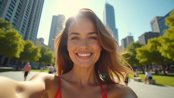 Stylish celebrity smiling selfie outdoors in sunny urban park with modern buildings and greenery